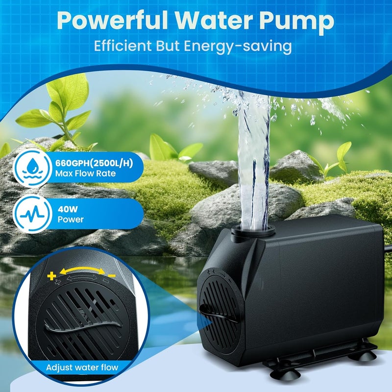 Biling 8" Pond Waterfall for Outdoor Ponds, Waterfall Spillway Pond Kit with 40W 660GPH Pump, Stainless Steel Waterfall Box and 9.8FT Corrugated Tubing for Water Garden, Ponds and Water Features - Image 2